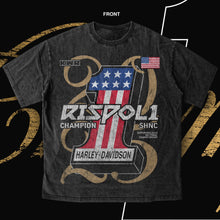Load image into Gallery viewer, Black t-shirt with Rispoli and Harley-Davidson branding on a black background