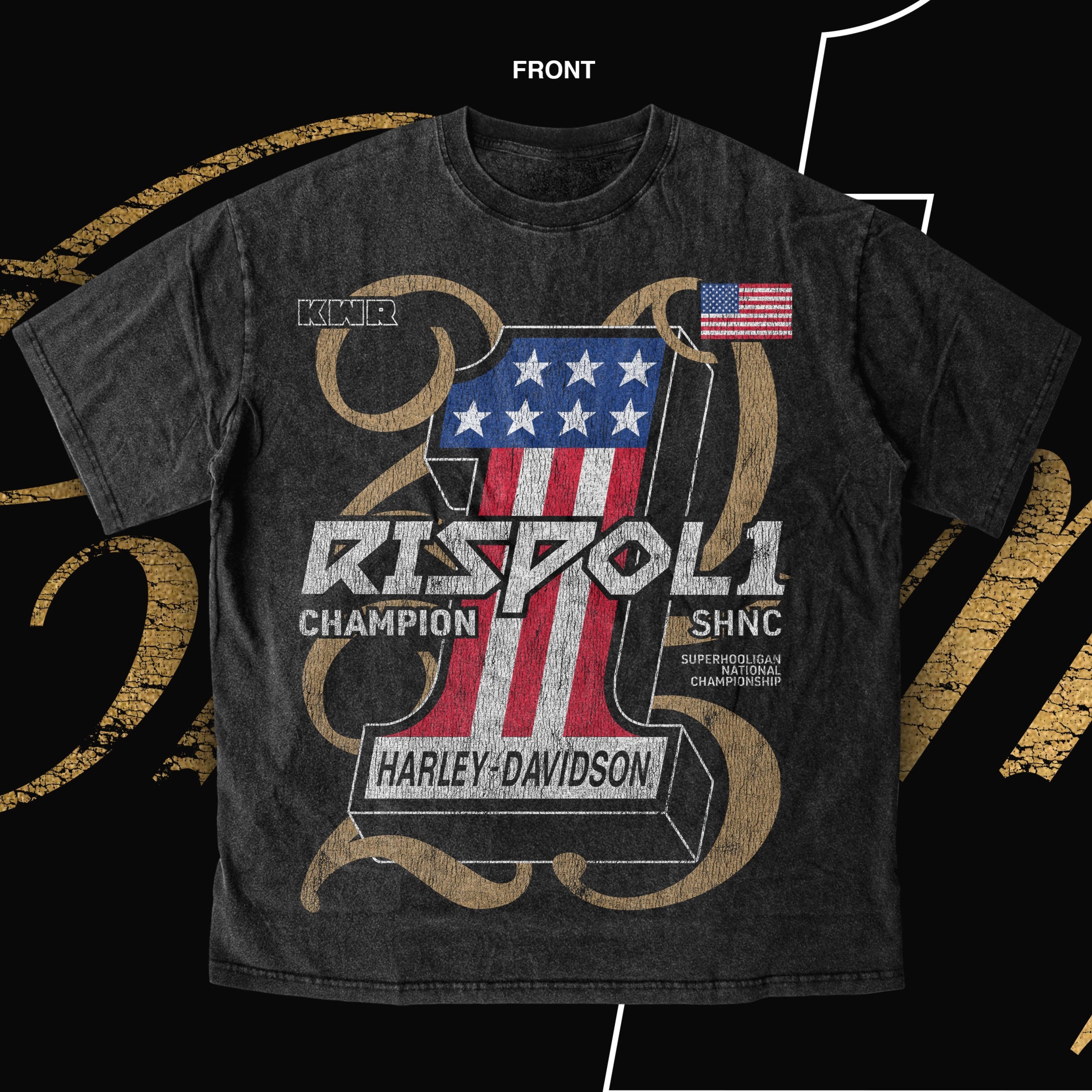 Black t-shirt with Rispoli and Harley-Davidson branding on a black background