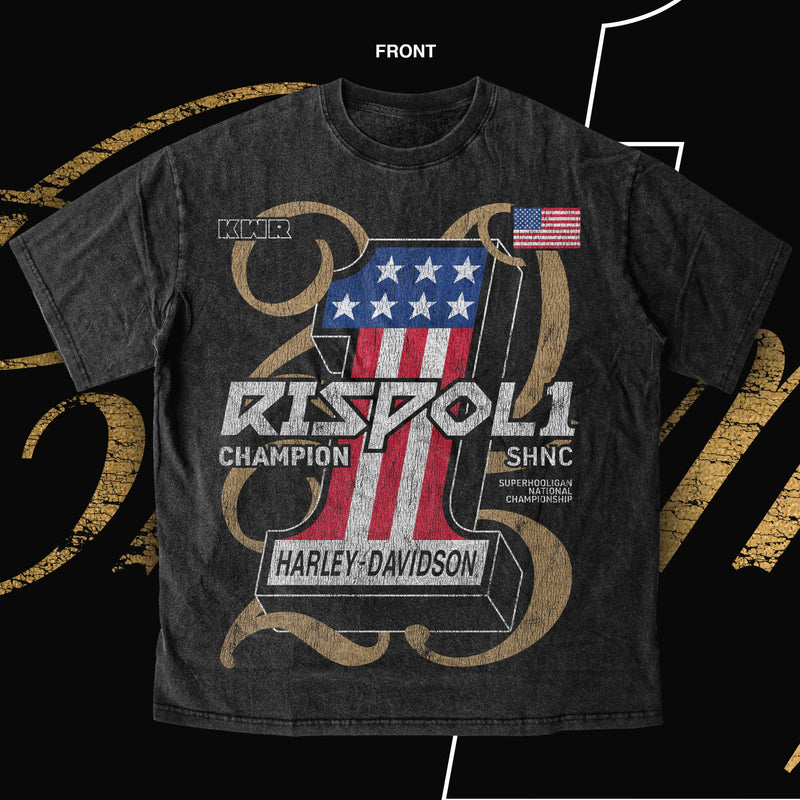 Black t-shirt with Rispoli and Harley-Davidson branding on a black background