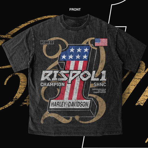 Black t-shirt with Rispoli and Harley-Davidson branding on a black background